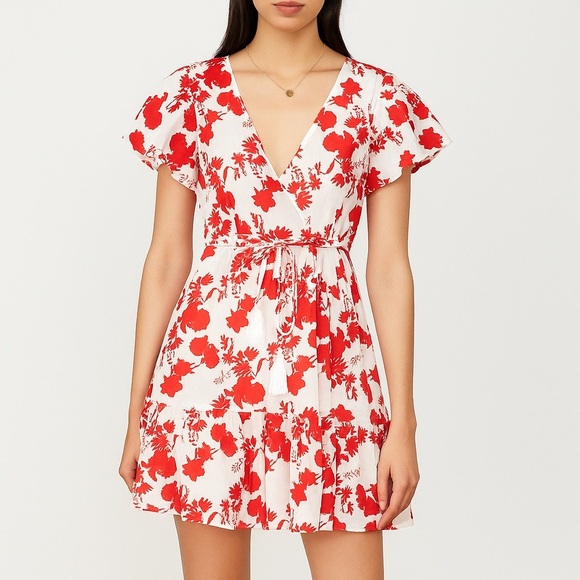 Aakaa Floral Mini Wrap Dress Red Small Ruffle Garden Party Coquette Beach Vacay - Picture 1 of 9